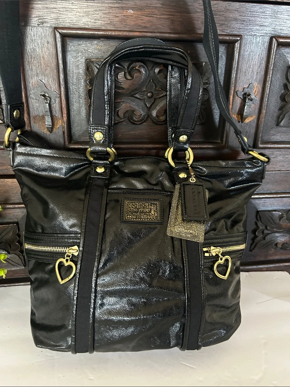 Coach Black Patent Leather Shoulder Tote with Heart Zip Pulls